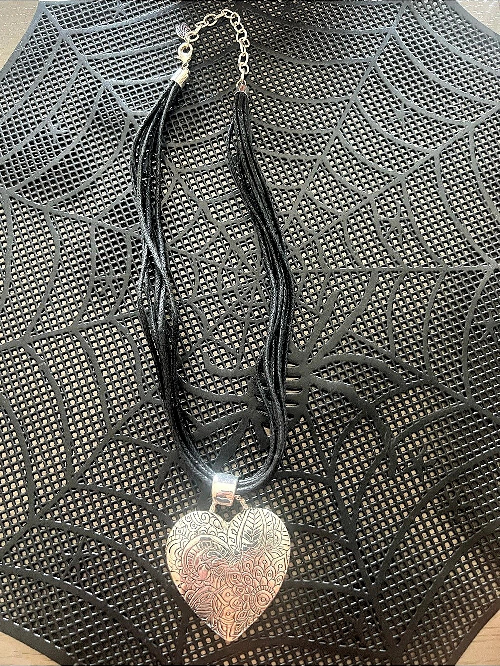 Black Cord Heart Pendant Necklace & Earrings